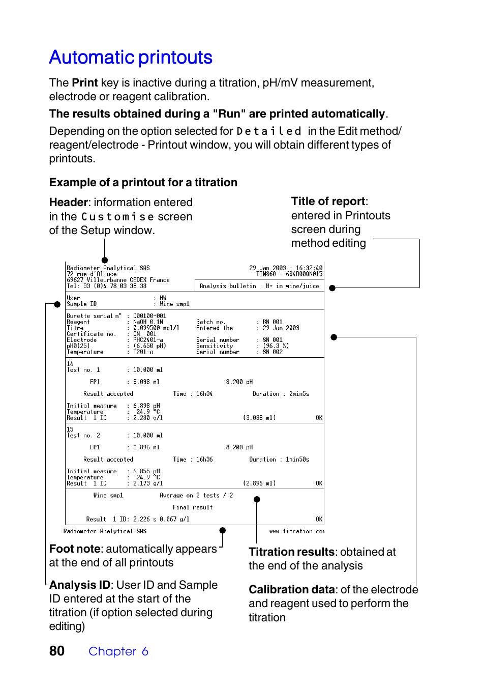 Automatic printouts | Hach-Lange TITRALAB Users Guide User Manual | Page 80 / 88