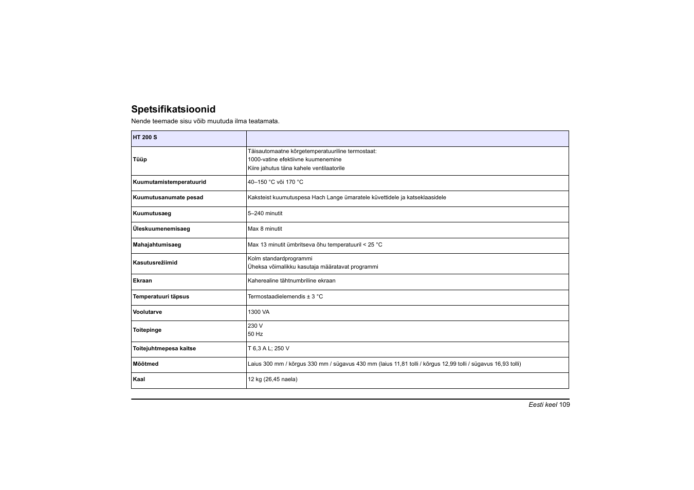 Eesti keel, Spetsifikatsioonid | Hach-Lange HT 200 S User Manual | Page 109 / 402