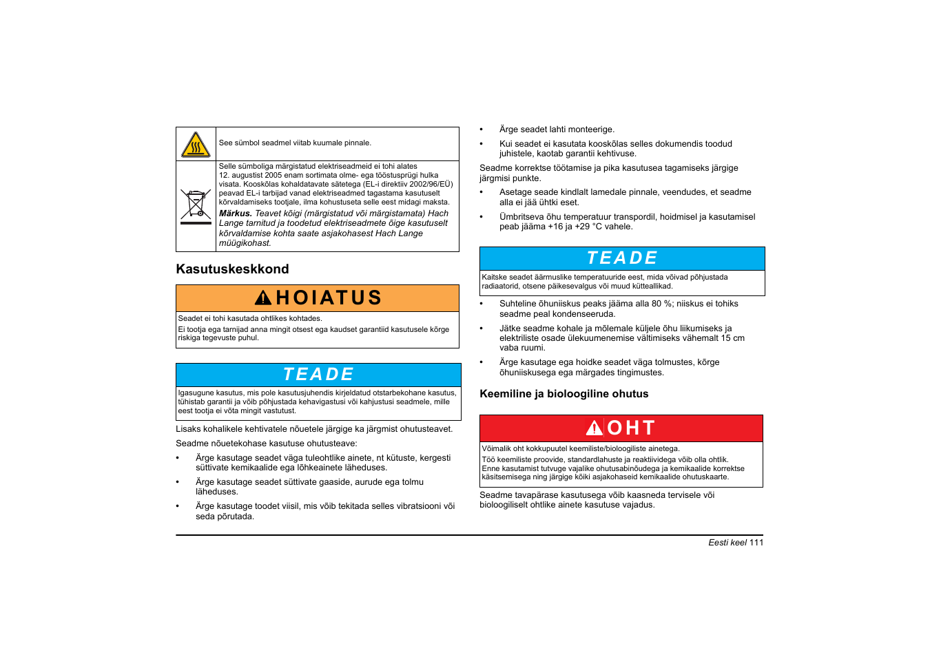 H o i at u s, O h t | Hach-Lange HT 200 S User Manual | Page 111 / 402