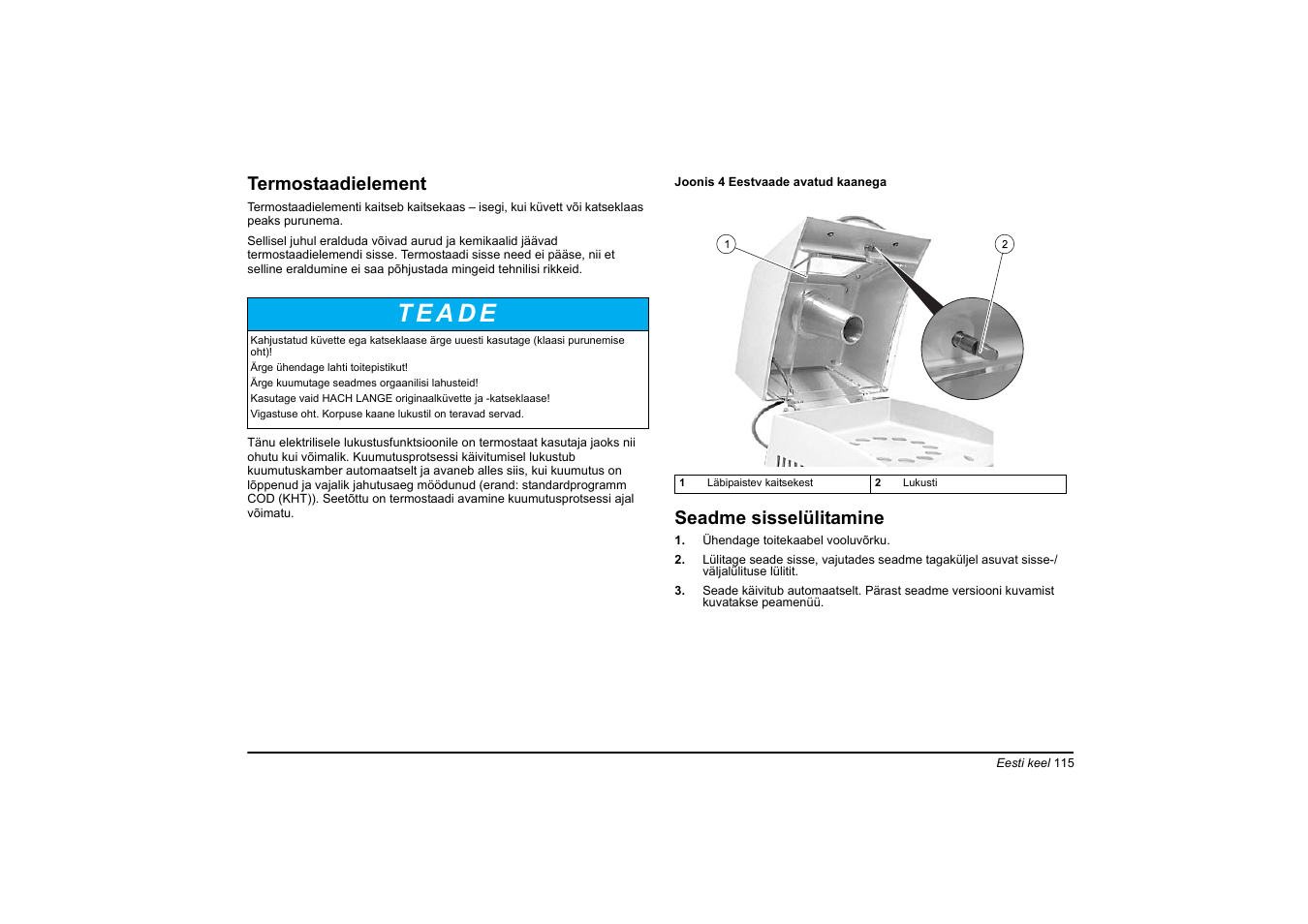Termostaadielement, Seadme sisselülitamine | Hach-Lange HT 200 S User Manual | Page 115 / 402