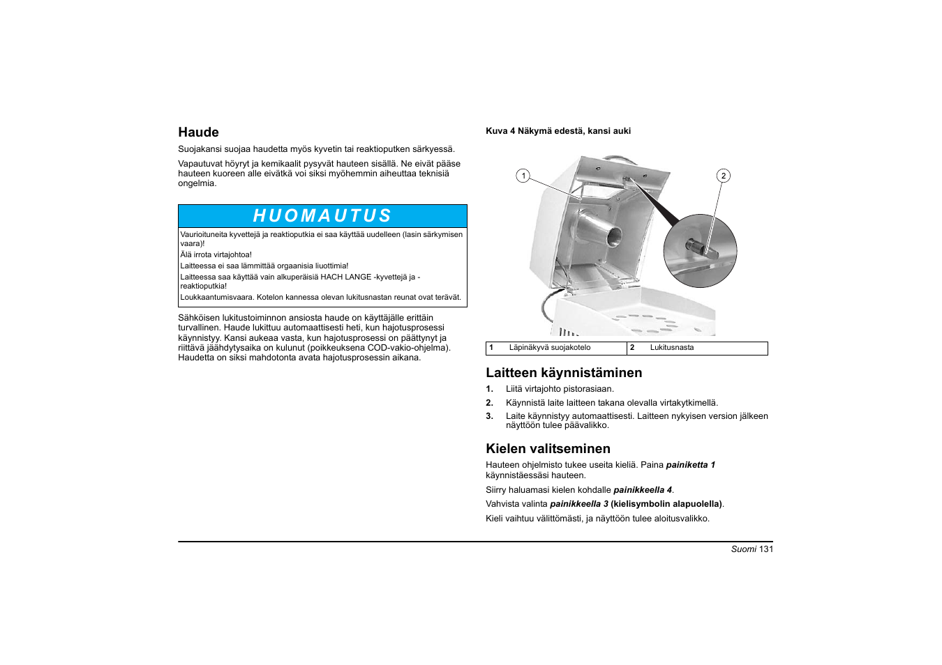 Haude, Laitteen käynnistäminen, Kielen valitseminen | Hach-Lange HT 200 S User Manual | Page 131 / 402