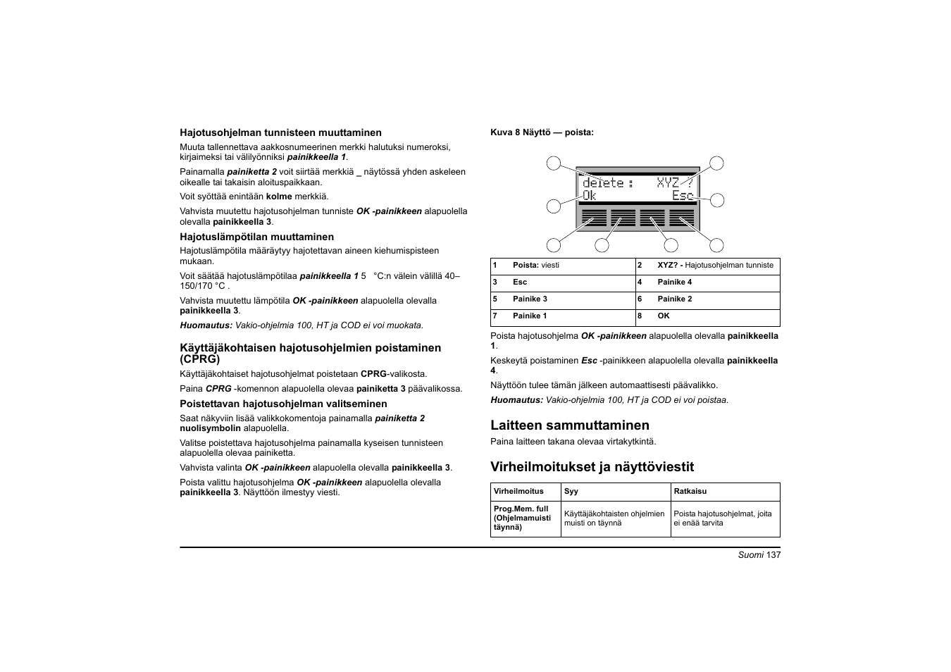 Laitteen sammuttaminen, Virheilmoitukset ja näyttöviestit | Hach-Lange HT 200 S User Manual | Page 137 / 402