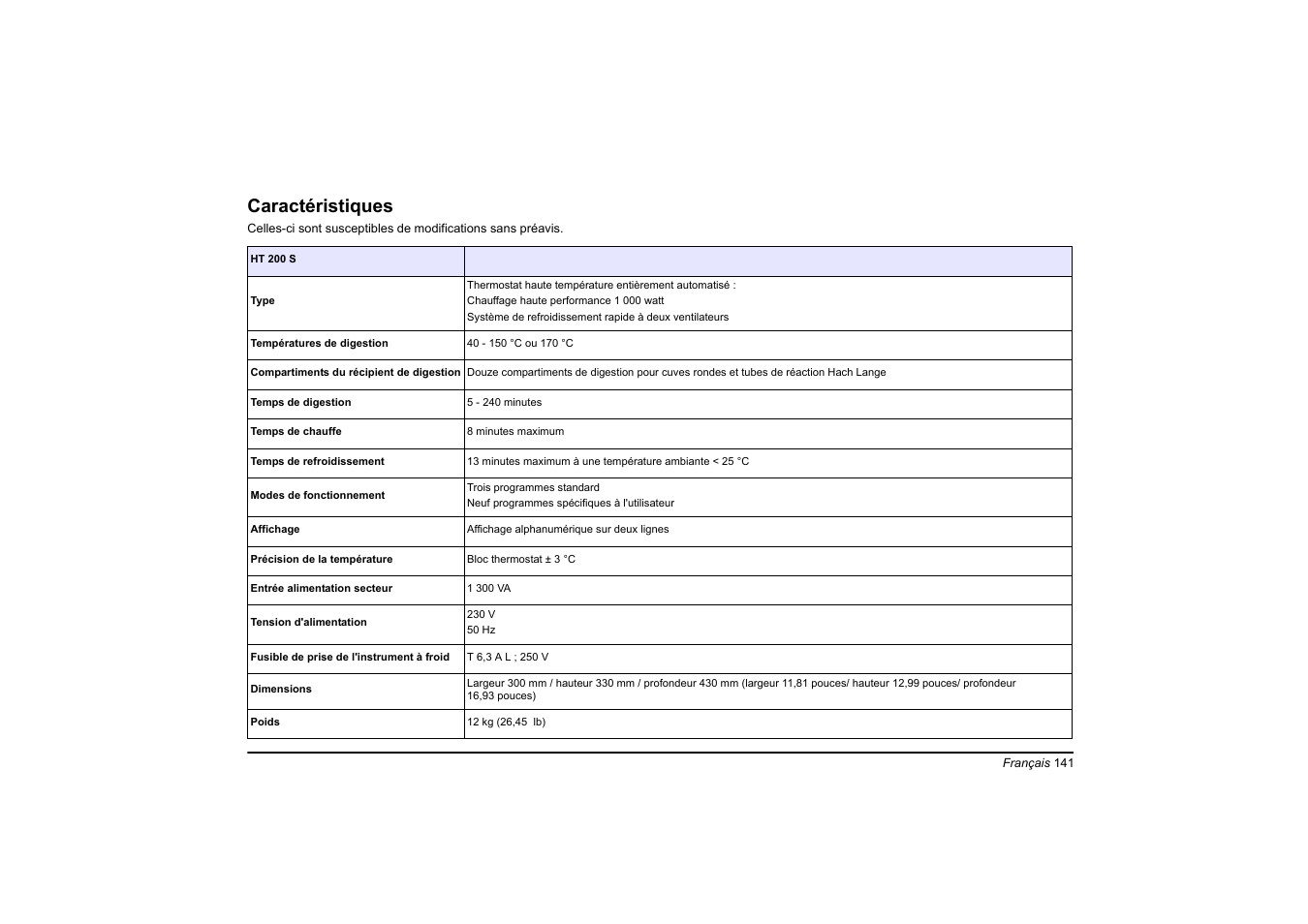 Français, Caractéristiques | Hach-Lange HT 200 S User Manual | Page 141 / 402