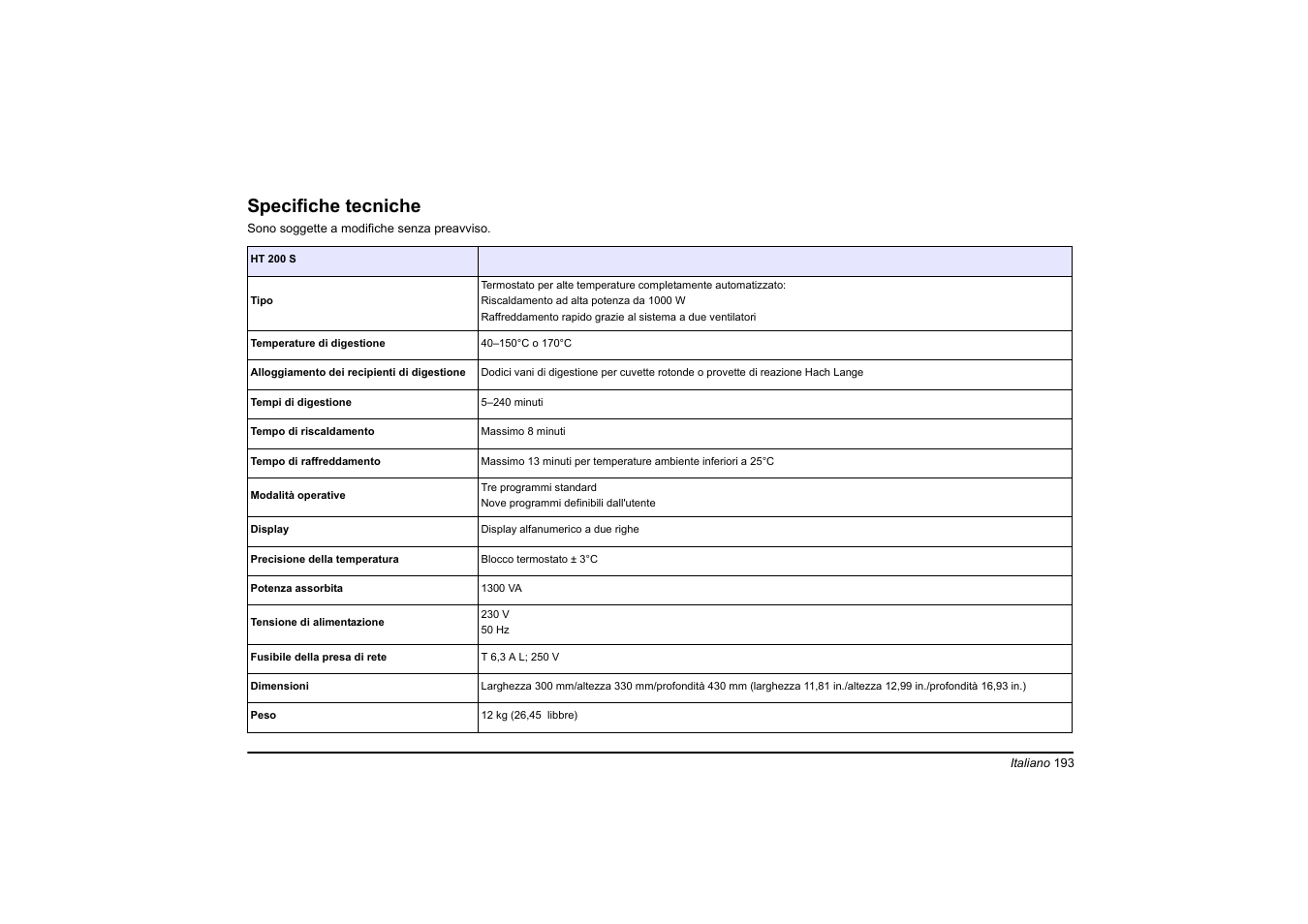Italiano, Specifiche tecniche | Hach-Lange HT 200 S User Manual | Page 193 / 402