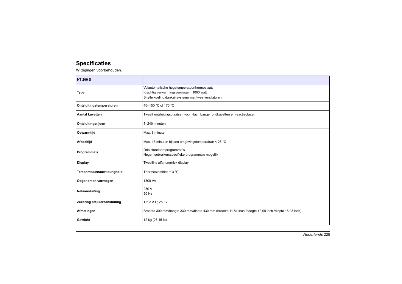 Nederlands, Specificaties | Hach-Lange HT 200 S User Manual | Page 229 / 402