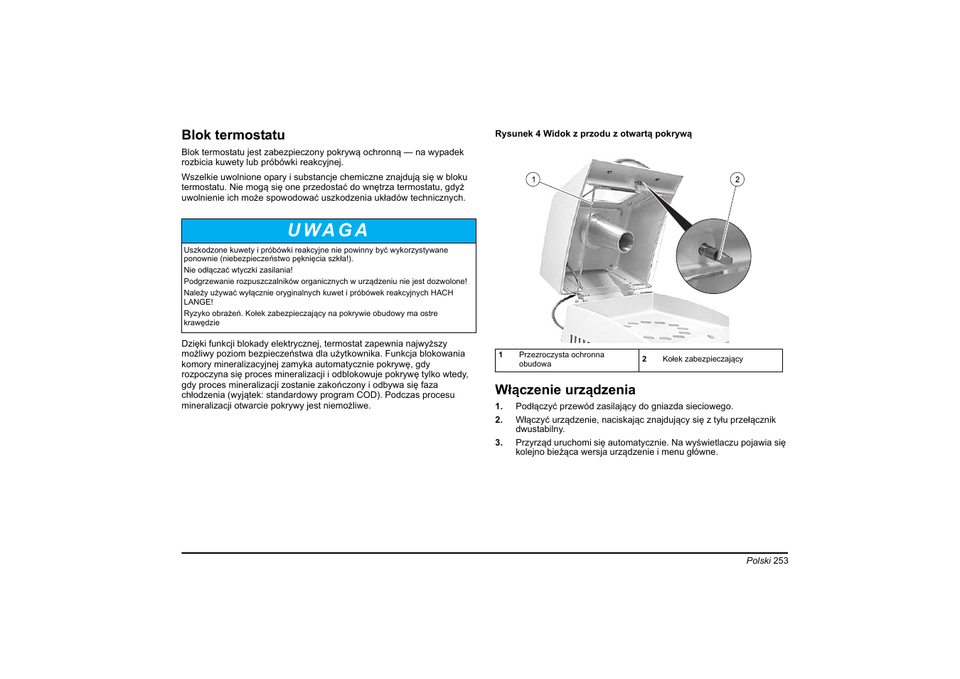 U wa g a, Blok termostatu, Włączenie urządzenia | Hach-Lange HT 200 S User Manual | Page 253 / 402