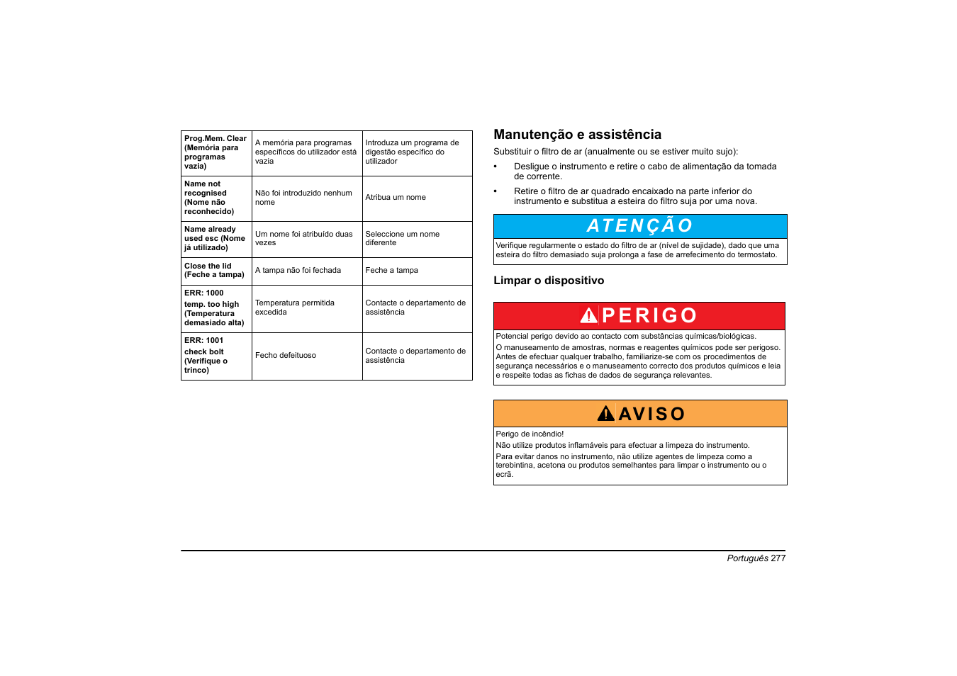 Av i s o, Manutenção e assistência | Hach-Lange HT 200 S User Manual | Page 277 / 402
