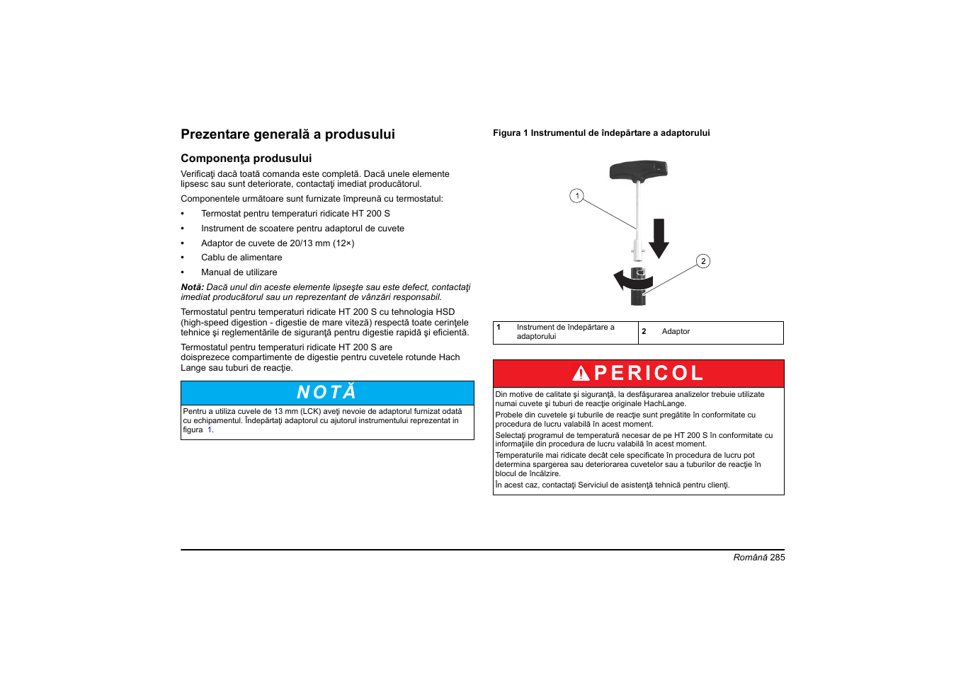 N o t ă, Prezentare generală a produsului | Hach-Lange HT 200 S User Manual | Page 285 / 402