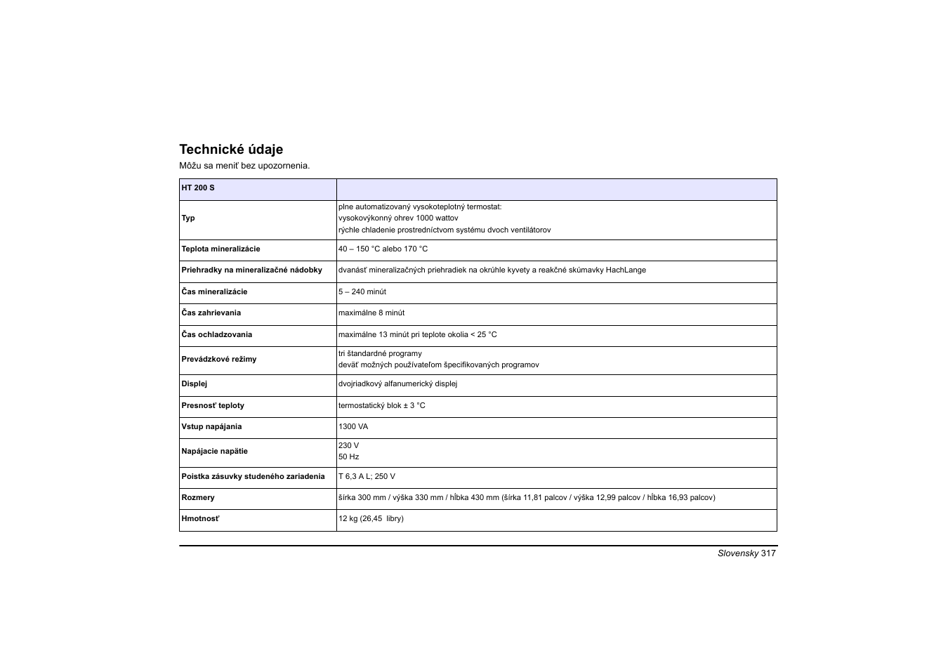 Slovenčina, Technické údaje | Hach-Lange HT 200 S User Manual | Page 317 / 402