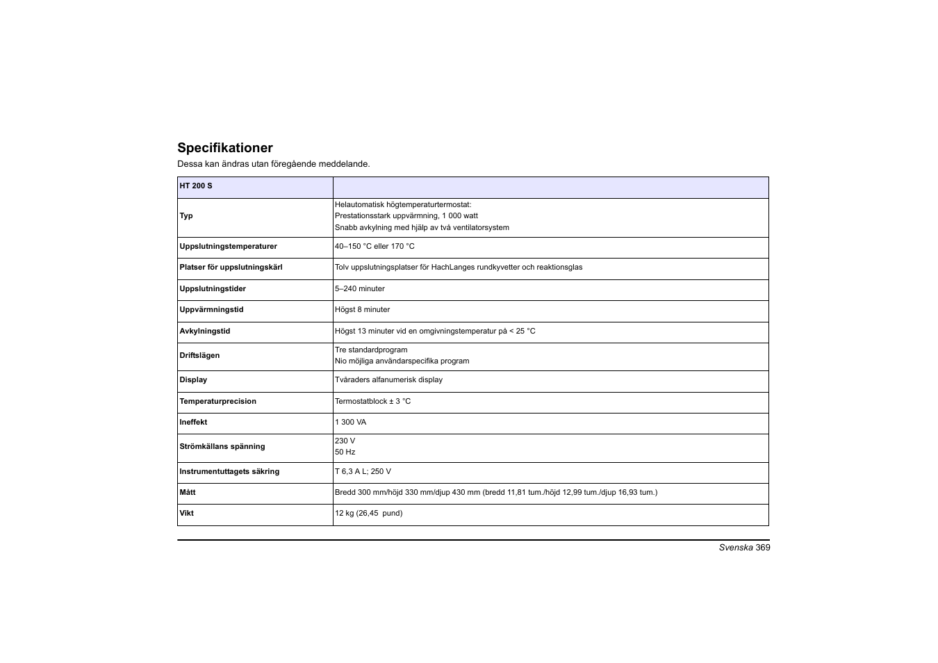 Svenska, Specifikationer | Hach-Lange HT 200 S User Manual | Page 369 / 402