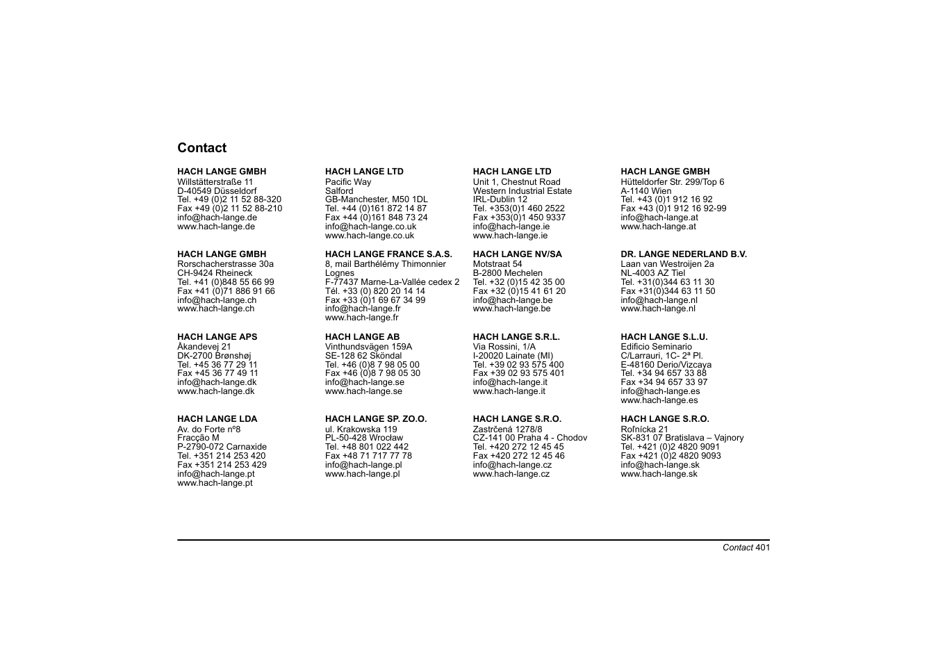 Contact | Hach-Lange HT 200 S User Manual | Page 401 / 402