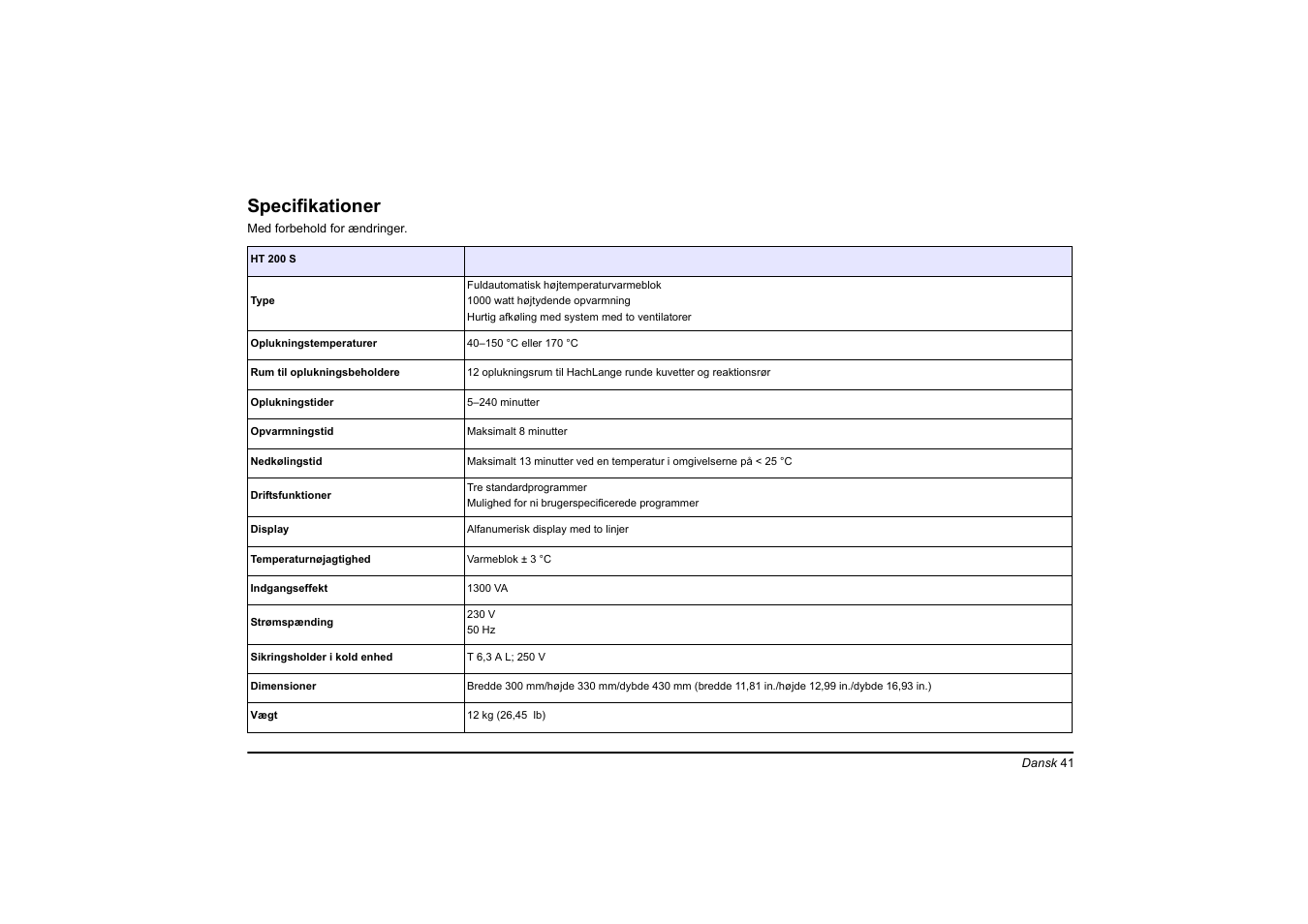 Dansk, Specifikationer | Hach-Lange HT 200 S User Manual | Page 41 / 402