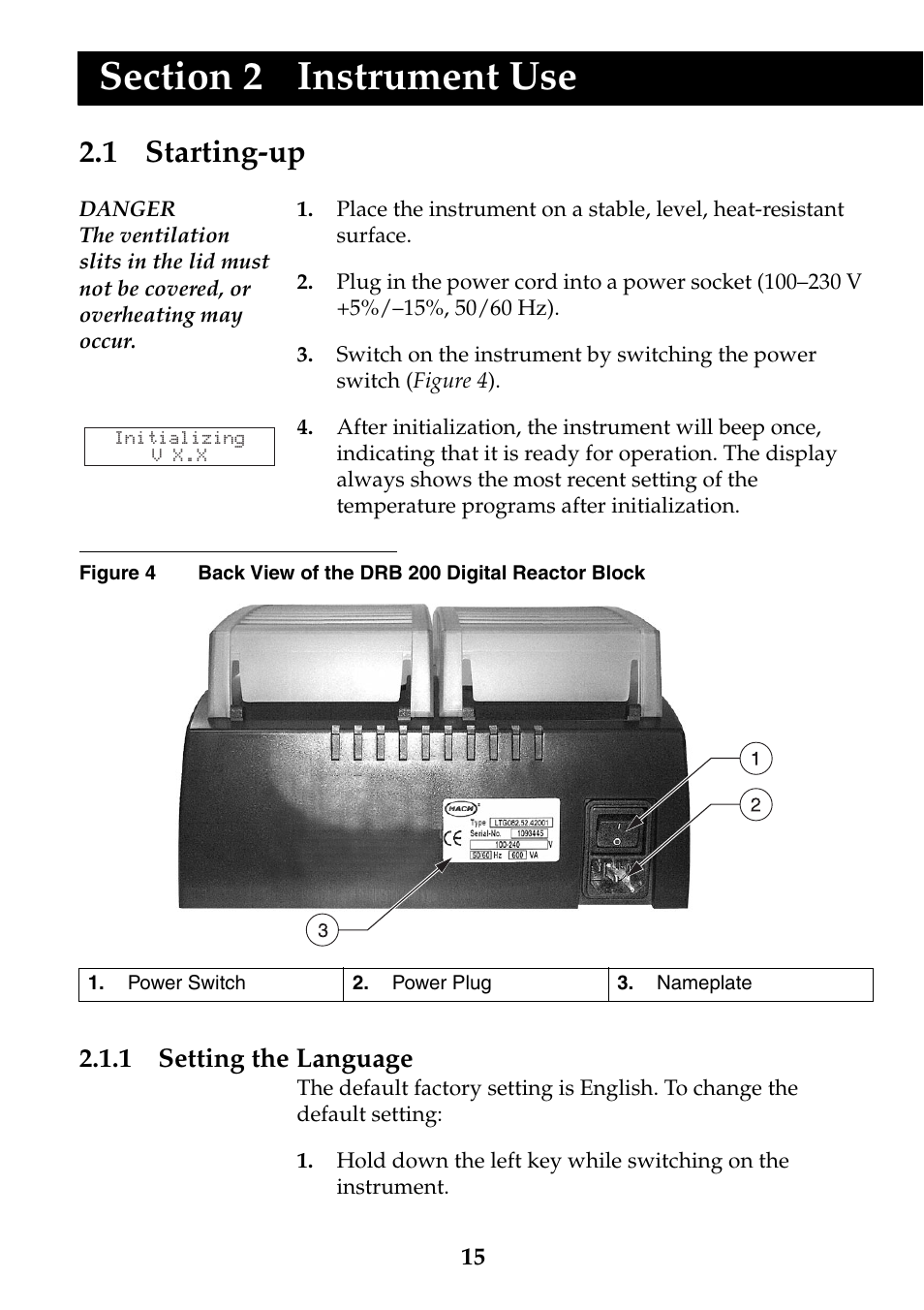 Instrument use, 1 starting-up, 1 setting the language | Section 2 instrument use | Hach-Lange DRB 200 Thermostat User Manual | Page 15 / 32