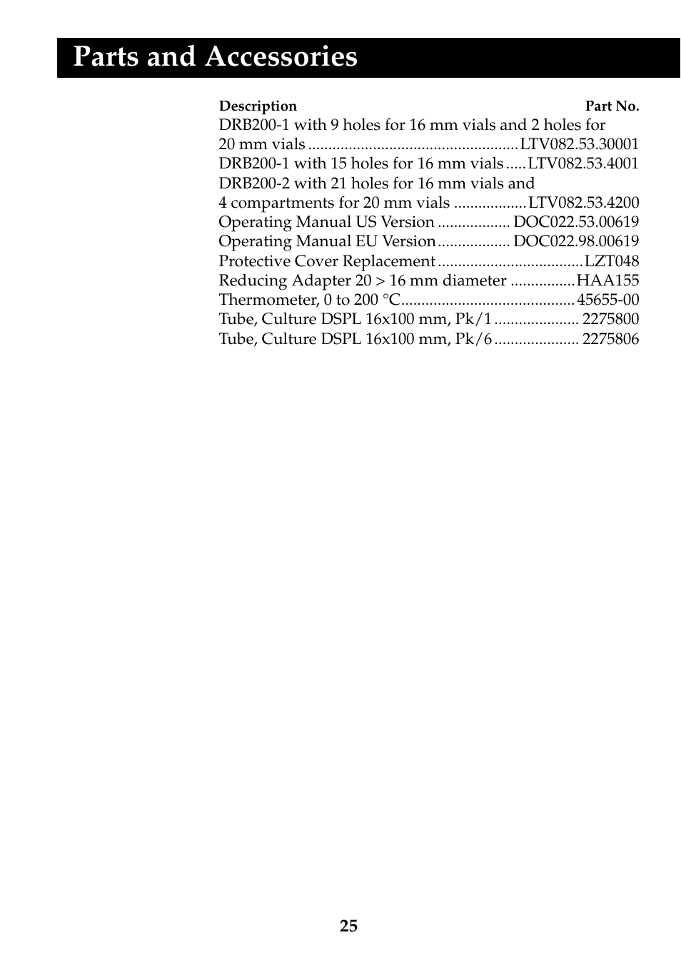 Parts and accessories | Hach-Lange DRB 200 Thermostat User Manual | Page 25 / 32