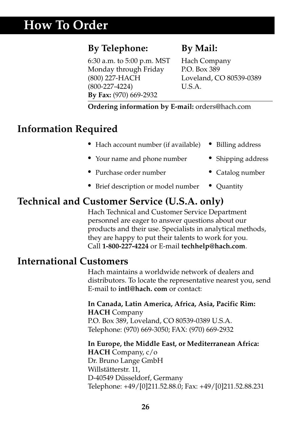 How to order, International customers, By telephone: by mail | Hach-Lange DRB 200 Thermostat User Manual | Page 26 / 32