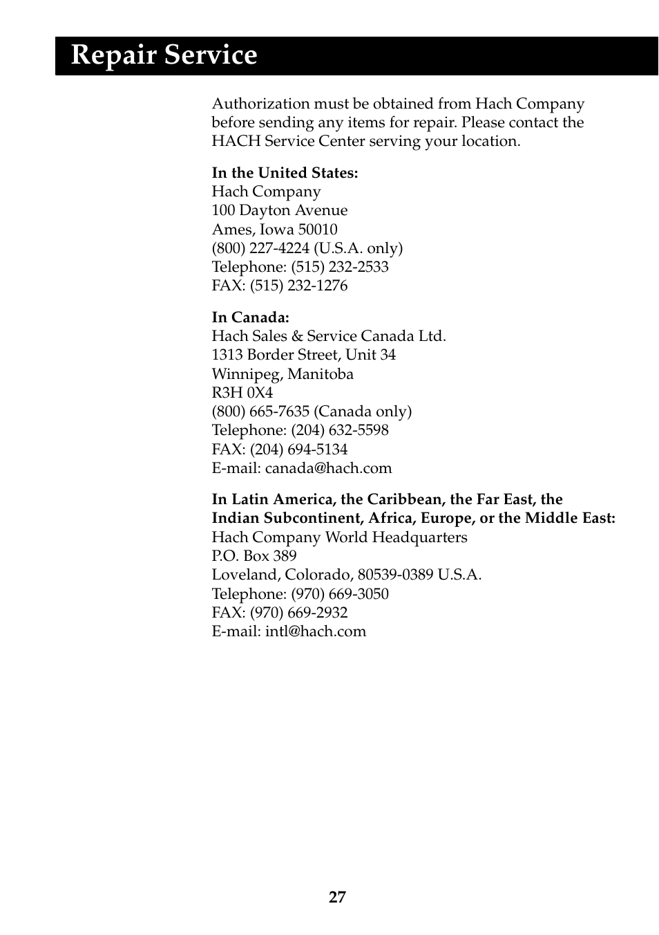 Repair service | Hach-Lange DRB 200 Thermostat User Manual | Page 27 / 32