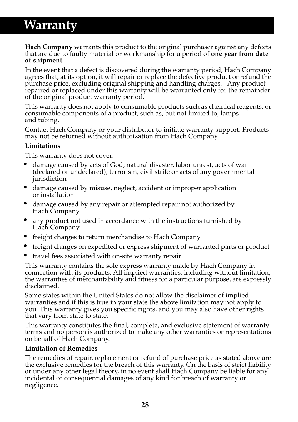 Warranty | Hach-Lange DRB 200 Thermostat User Manual | Page 28 / 32