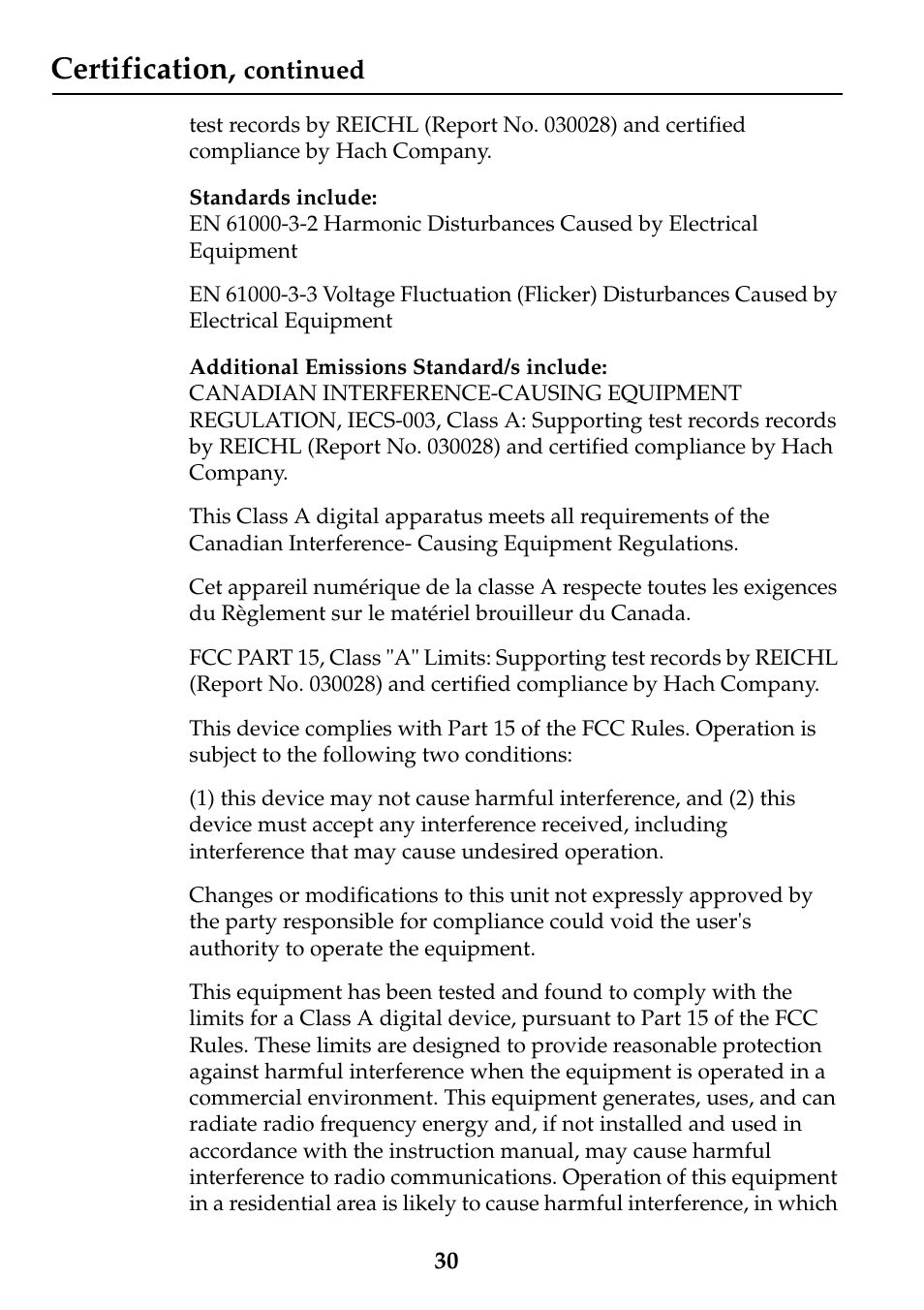 Certification, Continued | Hach-Lange DRB 200 Thermostat User Manual | Page 30 / 32