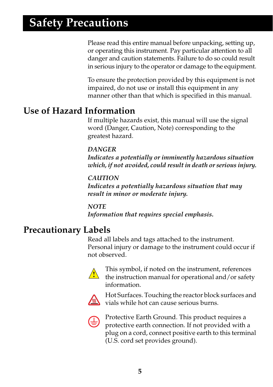 Safety precautions, Use of hazard information, Precautionary labels | Hach-Lange DRB 200 Thermostat User Manual | Page 5 / 32