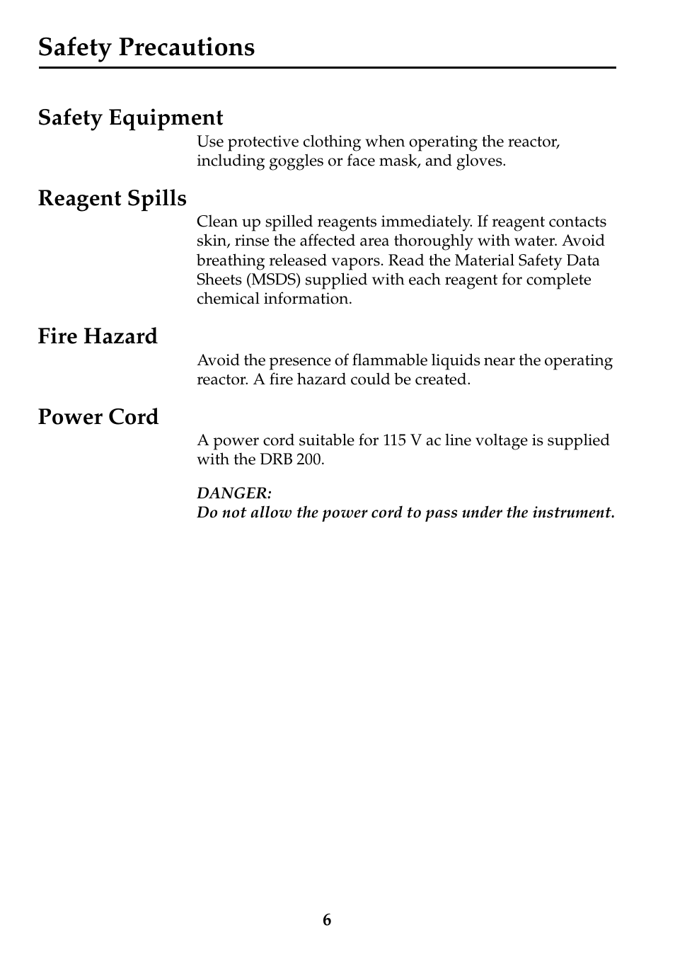 Safety precautions, Safety equipment, Reagent spills | Fire hazard, Power cord | Hach-Lange DRB 200 Thermostat User Manual | Page 6 / 32