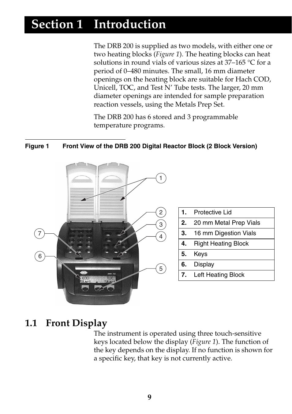 Introduction, 1 front display, Section 1 introduction | Hach-Lange DRB 200 Thermostat User Manual | Page 9 / 32