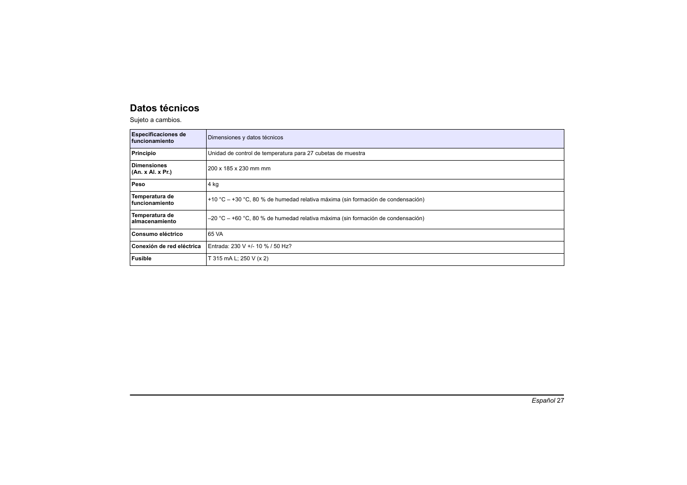 Español, Datos técnicos | Hach-Lange LT20 User Manual | Page 27 / 89