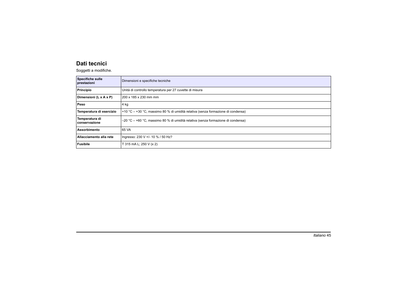 Italiano, Dati tecnici | Hach-Lange LT20 User Manual | Page 45 / 89