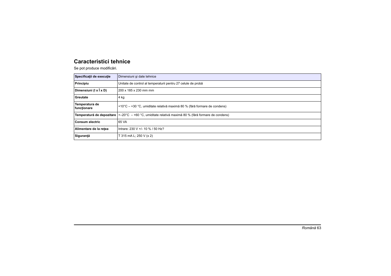 Română, Caracteristici tehnice | Hach-Lange LT20 User Manual | Page 63 / 89