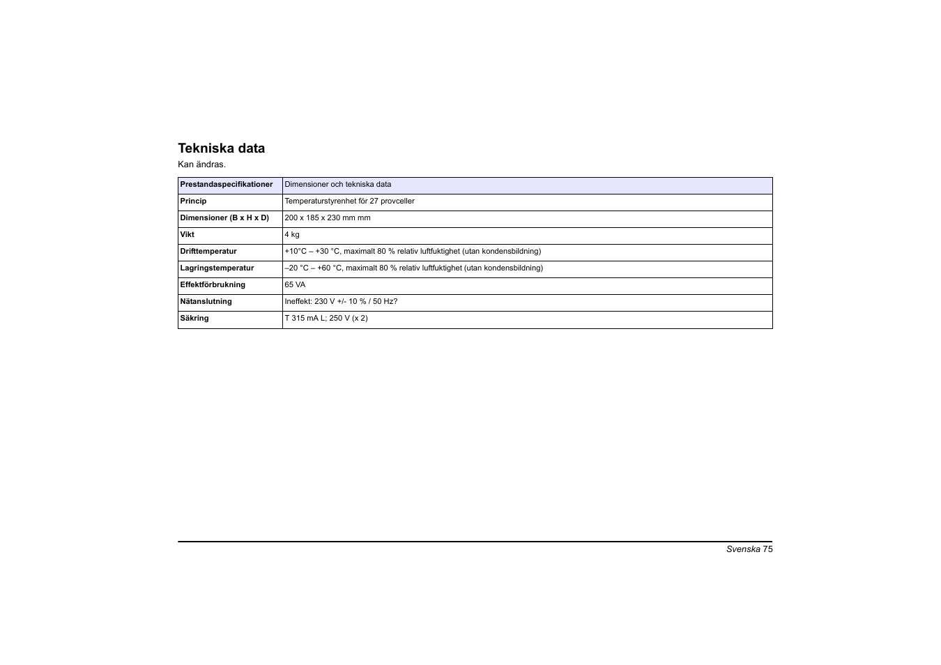 Svenska, Tekniska data | Hach-Lange LT20 User Manual | Page 75 / 89