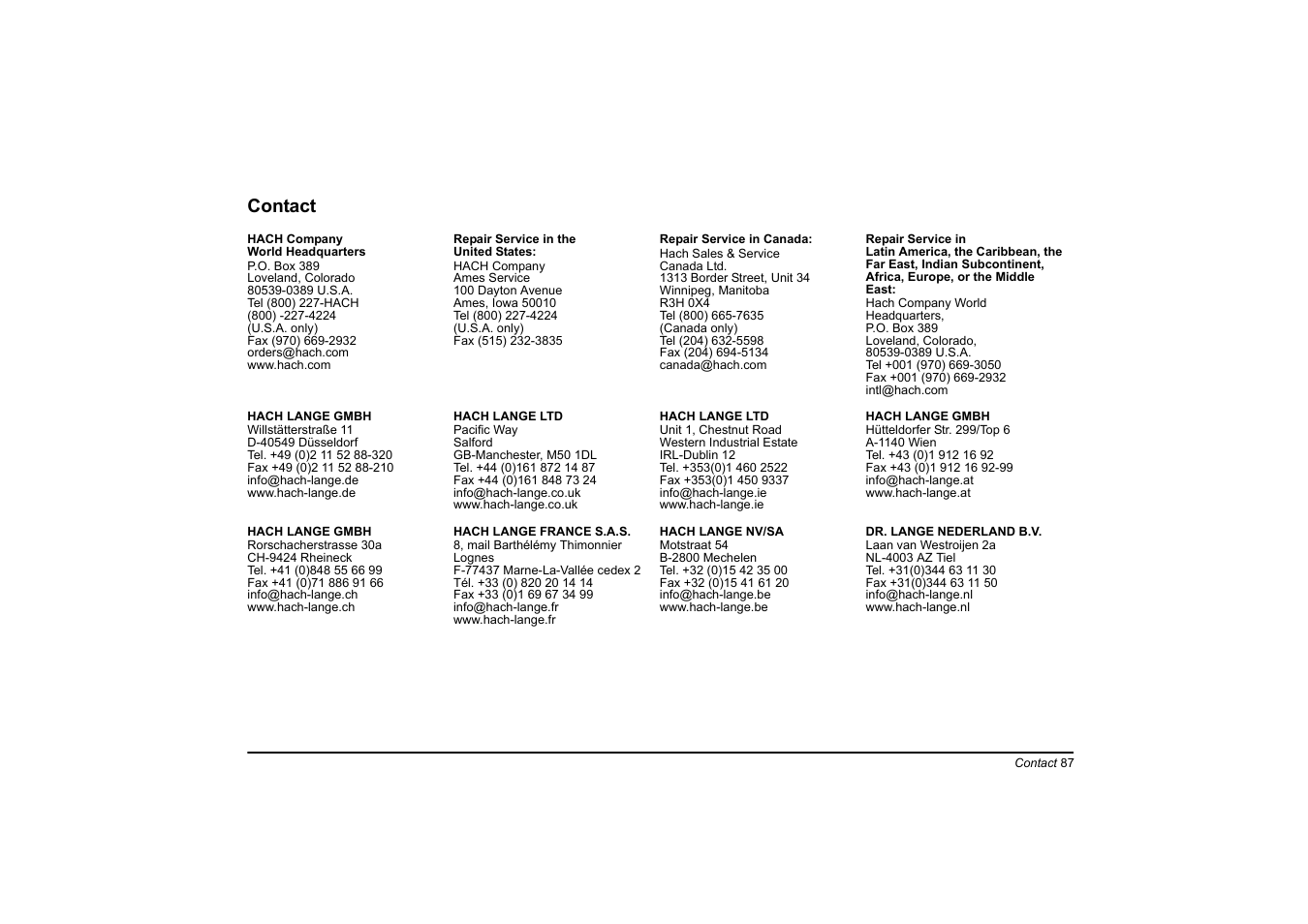 Contact | Hach-Lange LT20 User Manual | Page 87 / 89