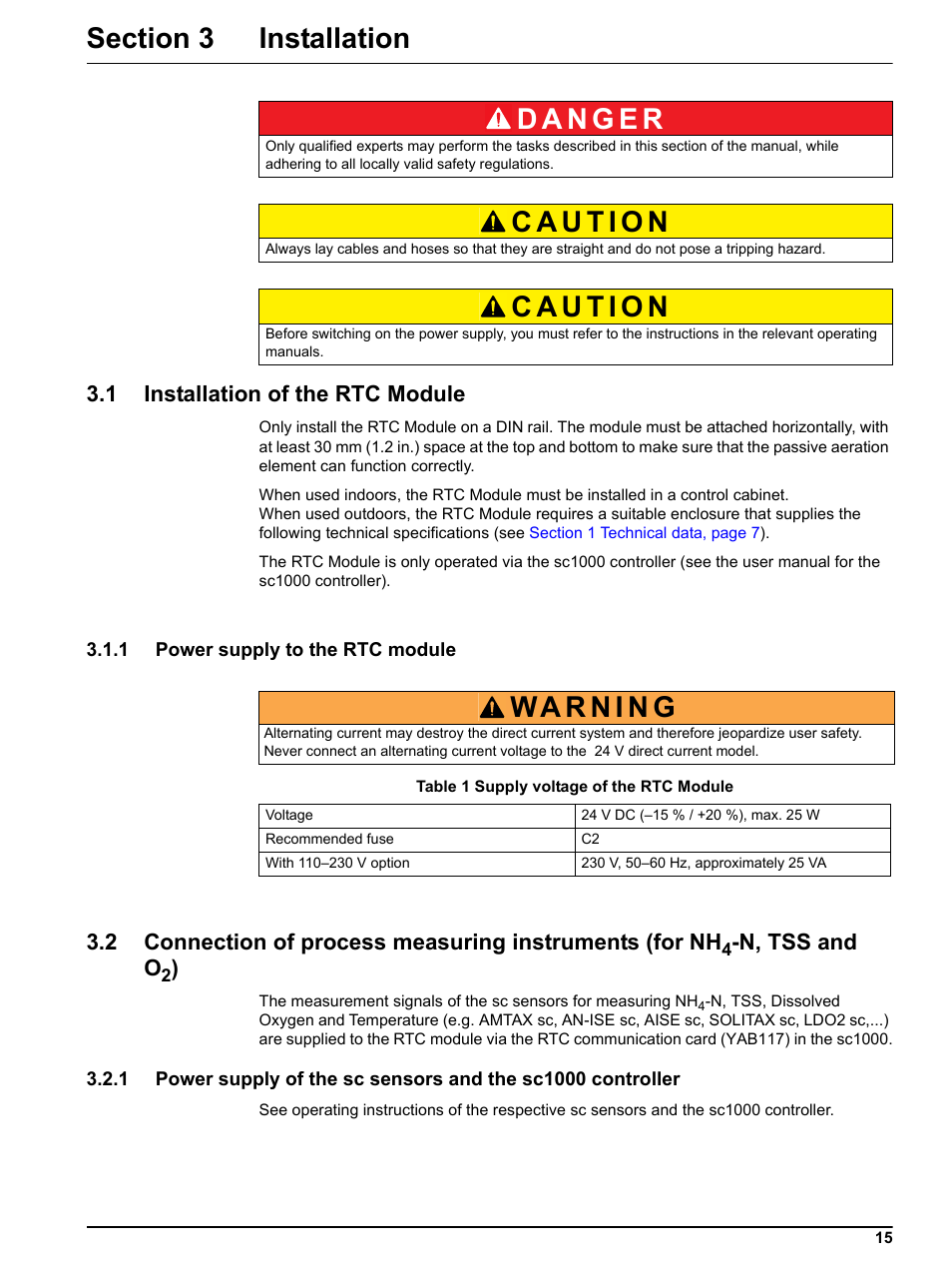 Section 3 installation, 1 installation of the rtc module, 1 power supply to the rtc module | N, tss and o | Hach-Lange RTC103 N-Module User Manual | Page 15 / 66