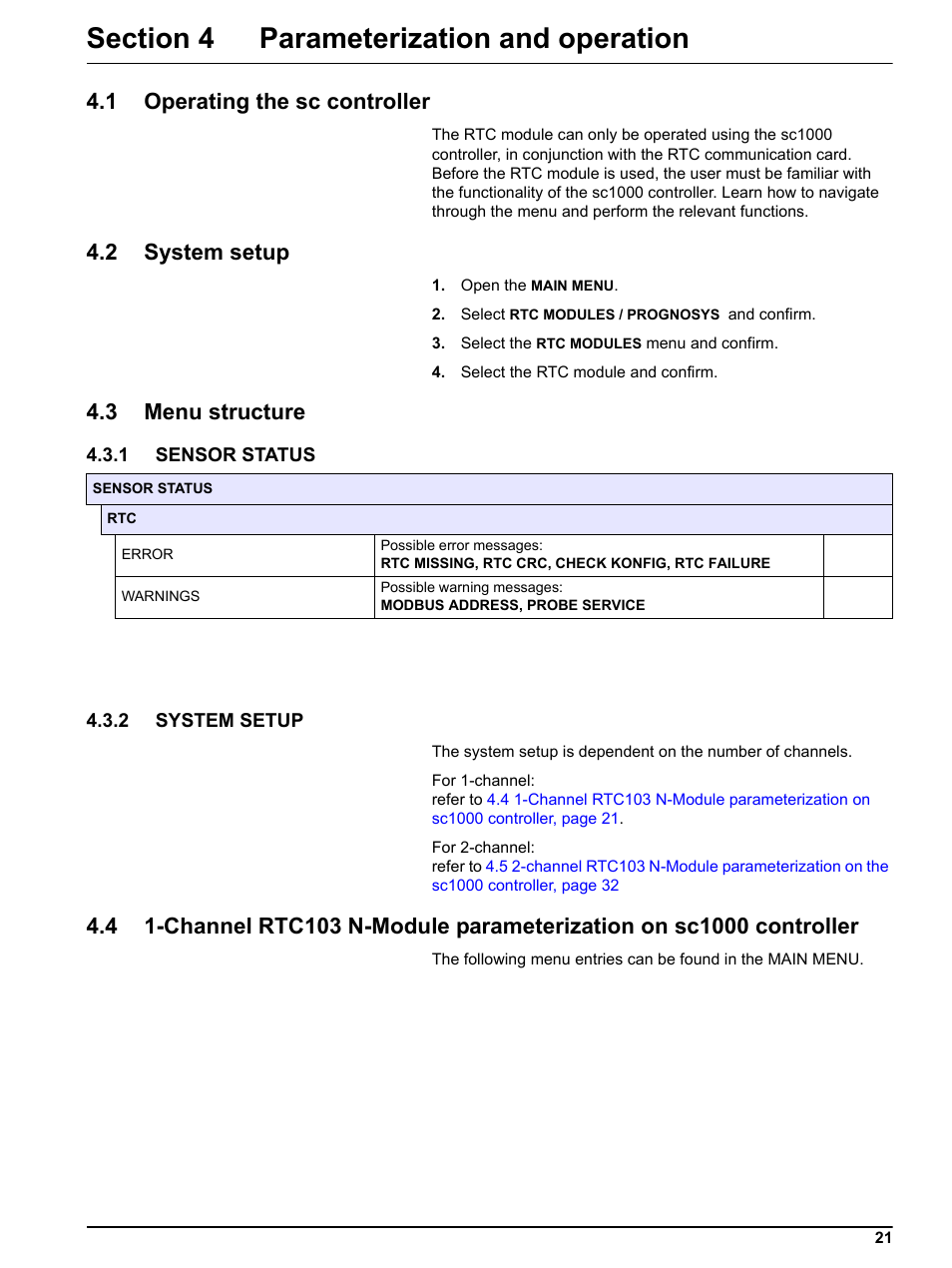Section 4 parameterization and operation, 1 operating the sc controller, 2 system setup | 3 menu structure, 1 sensor status, 1 sensor status 4.3.2 system setup | Hach-Lange RTC103 N-Module User Manual | Page 21 / 66