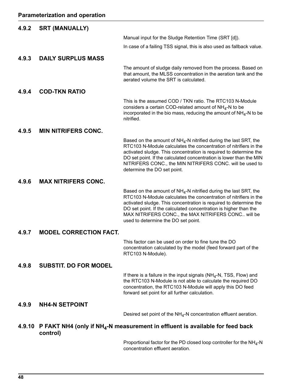 2 srt (manually), 3 daily surplus mass, 4 cod-tkn ratio | 5 min nitrifers conc, 6 max nitrifers conc, 7 model correction fact, 8 substit. do for model, 9 nh4-n setpoint | Hach-Lange RTC103 N-Module User Manual | Page 48 / 66