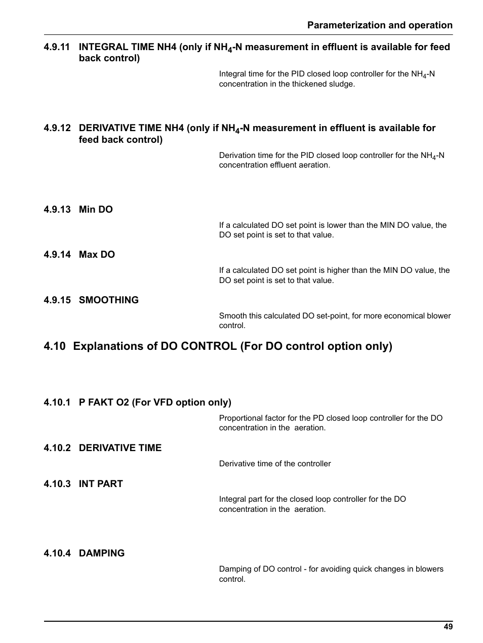 13 min do, 14 max do, 15 smoothing | 1 p fakt o2 (for vfd option only), 2 derivative time, 3 int part, 4 damping, Control), 13 min do 4.9.14 max do 4.9.15 smoothing | Hach-Lange RTC103 N-Module User Manual | Page 49 / 66
