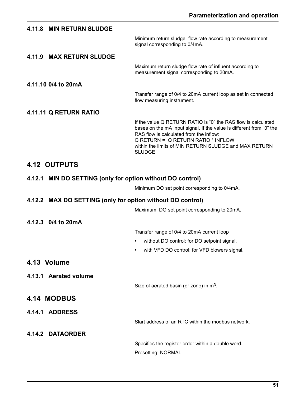 8 min return sludge, 9 max return sludge, 10 0/4 to 20ma | 11 q return ratio, 12 outputs, 3 0/4 to 20ma, 13 volume, 1 aerated volume, 14 modbus, 1 address | Hach-Lange RTC103 N-Module User Manual | Page 51 / 66