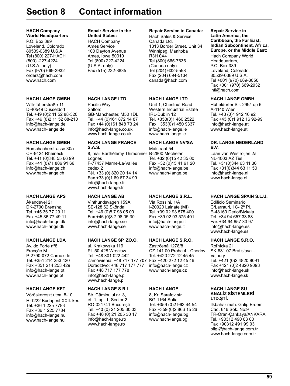 Section 8 contact information | Hach-Lange RTC103 N-Module User Manual | Page 59 / 66
