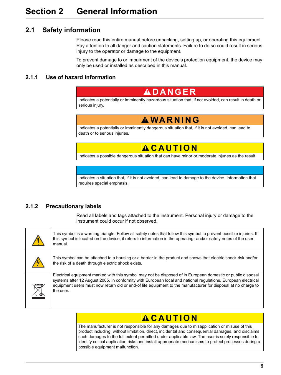 Section 2 general information, 1 safety information, 1 use of hazard information | 2 precautionary labels | Hach-Lange RTC103 N-Module User Manual | Page 9 / 66