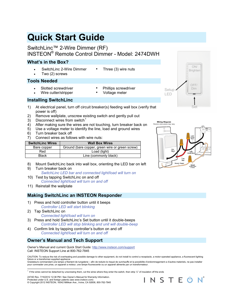 INSTEON SwitchLinc 2-Wire Dimmer (RF) (2474DWH) Quick Start User Manual | 1 page