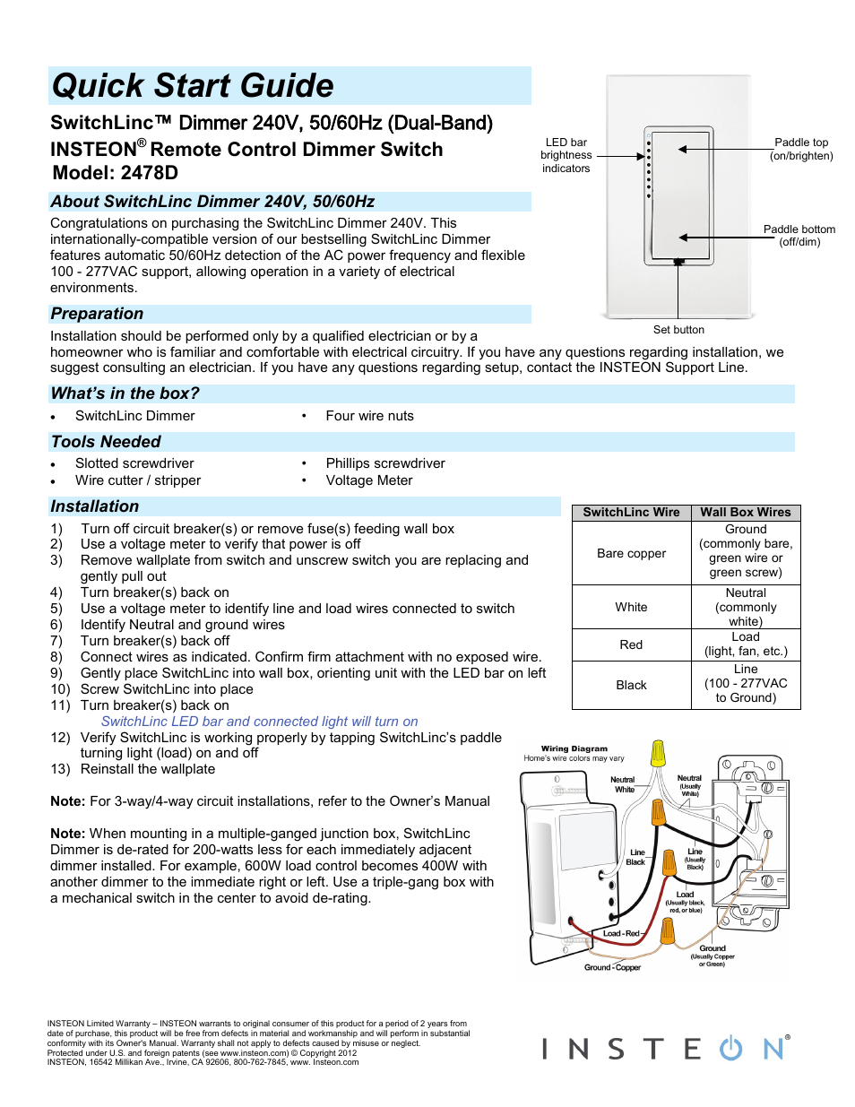 INSTEON SwitchLinc Dimmer 100-277VAC (dual band) (2478D) Quick Start User Manual | 2 pages