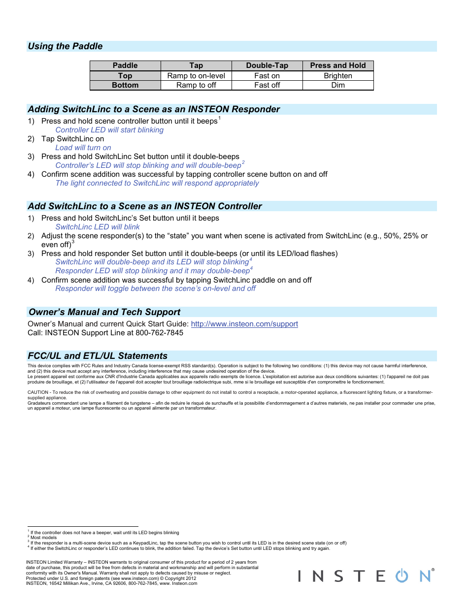 Using the paddle, Add switchlinc to a scene as an insteon controller, Owner’s manual and tech support | Fcc/ul and etl/ul statements | INSTEON SwitchLinc Dimmer 100-277VAC (dual band) (2478D) Quick Start User Manual | Page 2 / 2