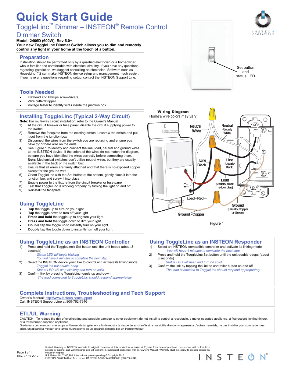 INSTEON ToggleLinc Dimmer (2466DW) Quick Start User Manual | 1 page