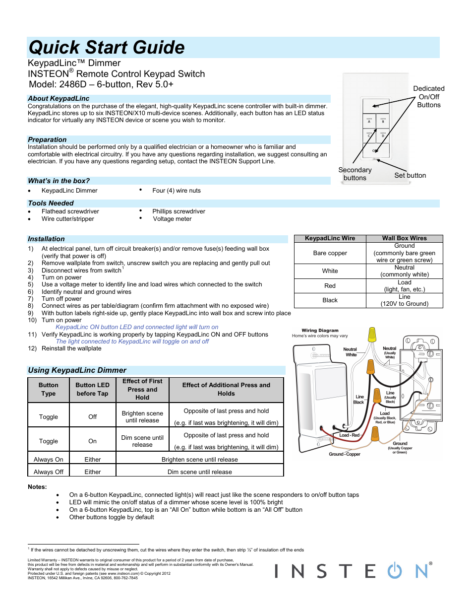 INSTEON KeypadLinc Dimmer, 6 button (2486DWH6) Quick Start User Manual | 2 pages