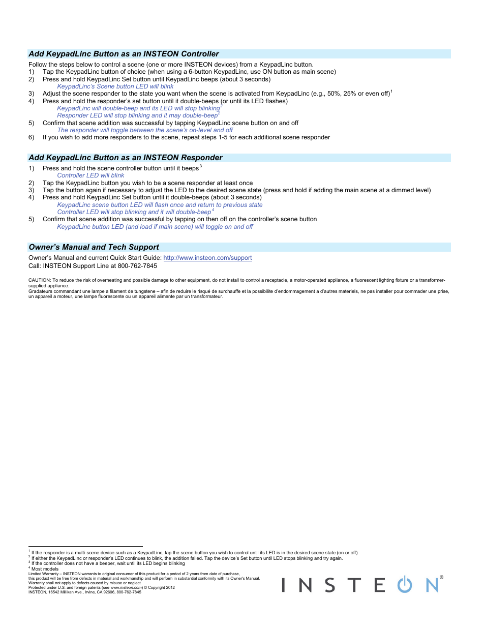 Add keypadlinc button as an insteon controller, Add keypadlinc button as an insteon responder, Owner’s manual and tech support | INSTEON KeypadLinc Dimmer, 6 button (2486DWH6) Quick Start User Manual | Page 2 / 2