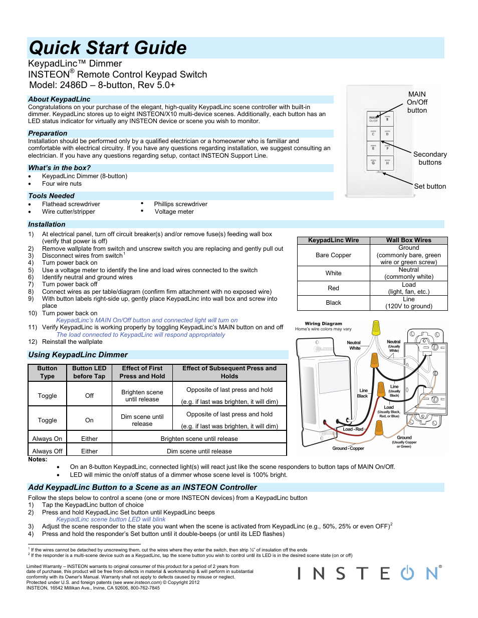 INSTEON KeypadLinc Dimmer, 8 button (2486DWH8) Quick Start User Manual | 2 pages