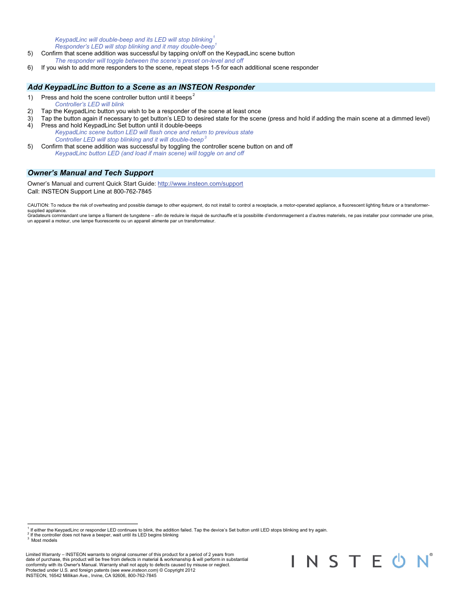 Owner’s manual and tech support | INSTEON KeypadLinc Dimmer, 8 button (2486DWH8) Quick Start User Manual | Page 2 / 2