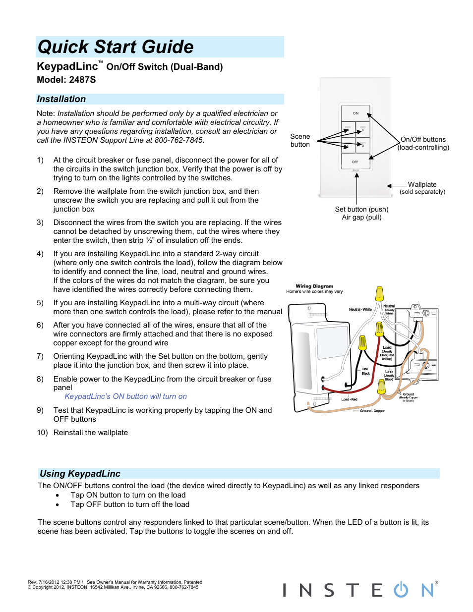 INSTEON KeypadLinc Relay (2487S) Quick Start User Manual | 2 pages
