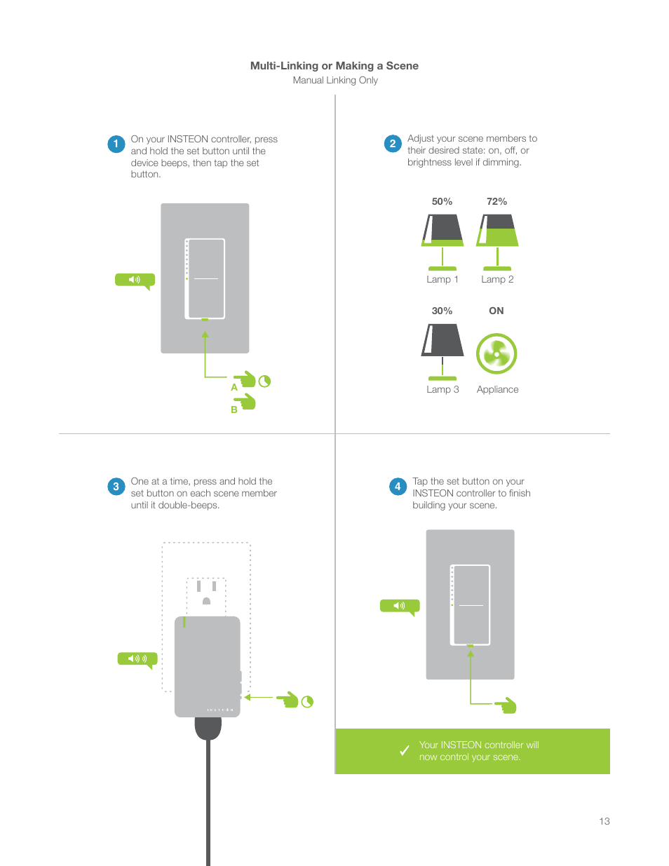 Multi-linking or making a scene | INSTEON LampLinc Dimmer Module (Dual-Band) (2457D2) Manual User Manual | Page 13 / 33