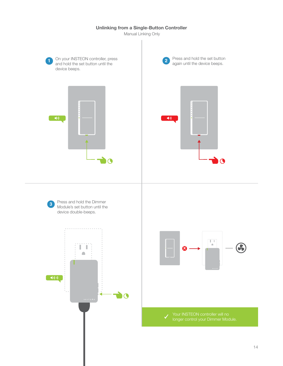 Unlinking from a single-button controller | INSTEON LampLinc Dimmer Module (Dual-Band) (2457D2) Manual User Manual | Page 14 / 33