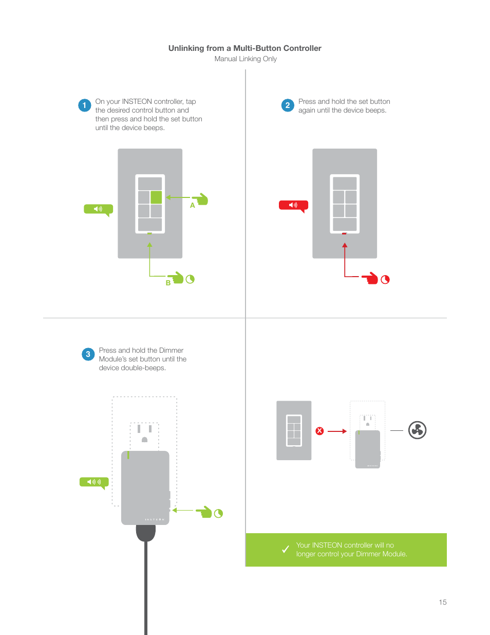 Unlinking from a multi-button controller | INSTEON LampLinc Dimmer Module (Dual-Band) (2457D2) Manual User Manual | Page 15 / 33