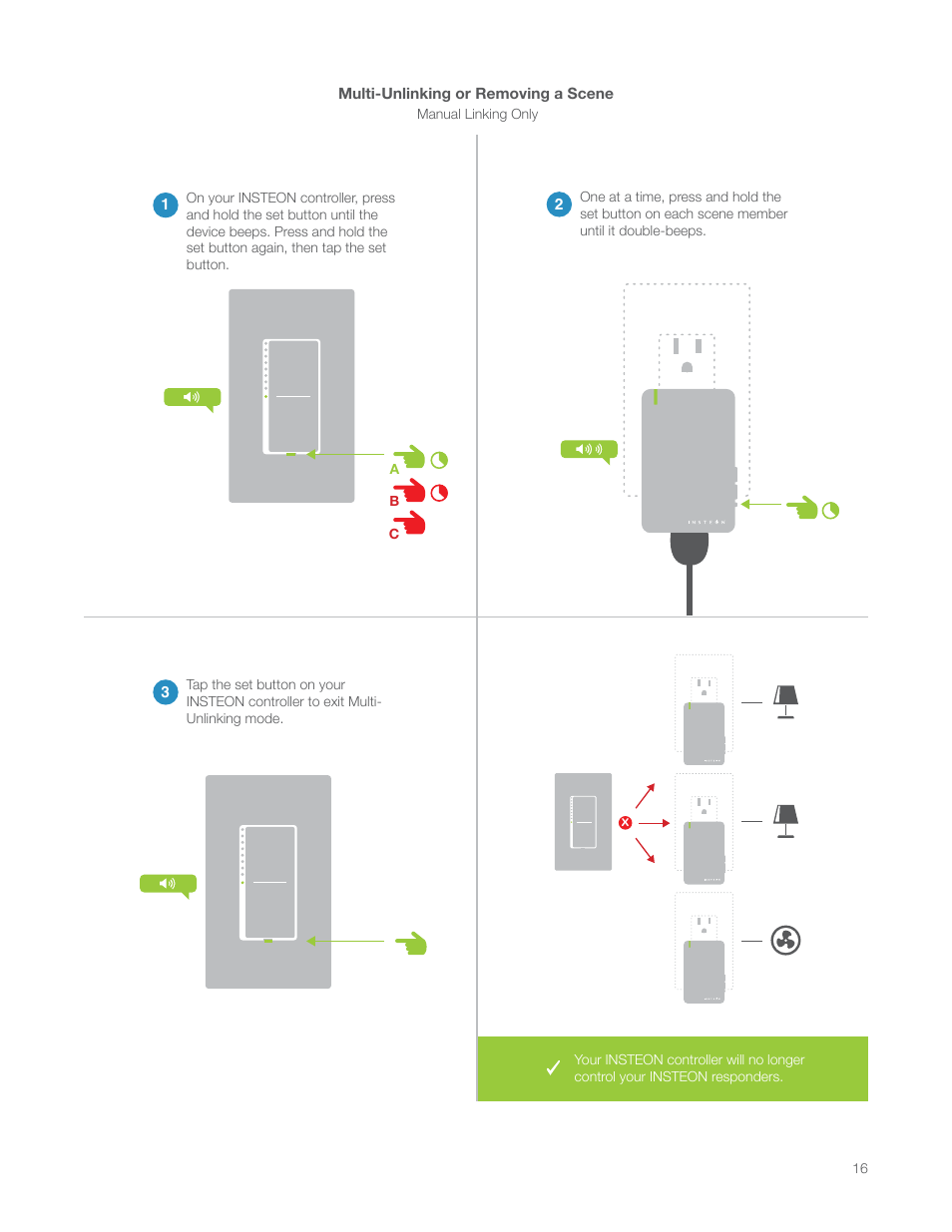 Multi-unlinking or removing a scene | INSTEON LampLinc Dimmer Module (Dual-Band) (2457D2) Manual User Manual | Page 16 / 33